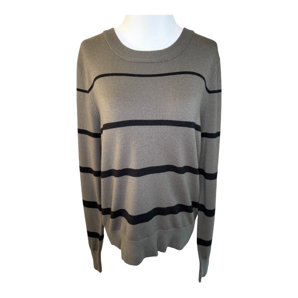 NEW Bobeau Striped Sweater Olive Green Black Crew Neck‎ Pullover Top Large